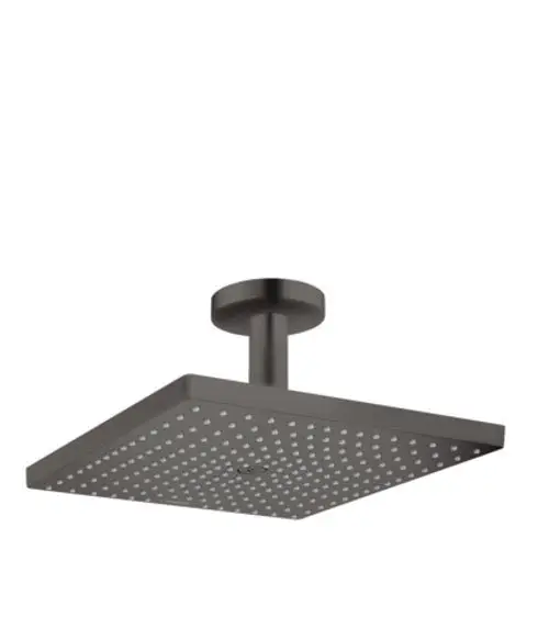 Duschkopf von Hansgrohe mit quadratischer Form und Deckenanschluss, in geschliffenem Schwarz. Oberfläche mit zahlreichen Düsen für gleichmäßigen Wasserfluss.